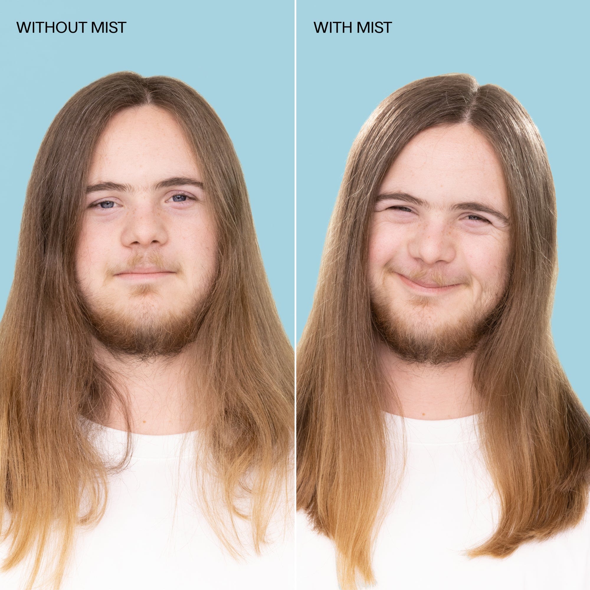 Model with long dirty-blonde hair with mist on the left, and same model image with mist on the right. Model is shot on a blue background.